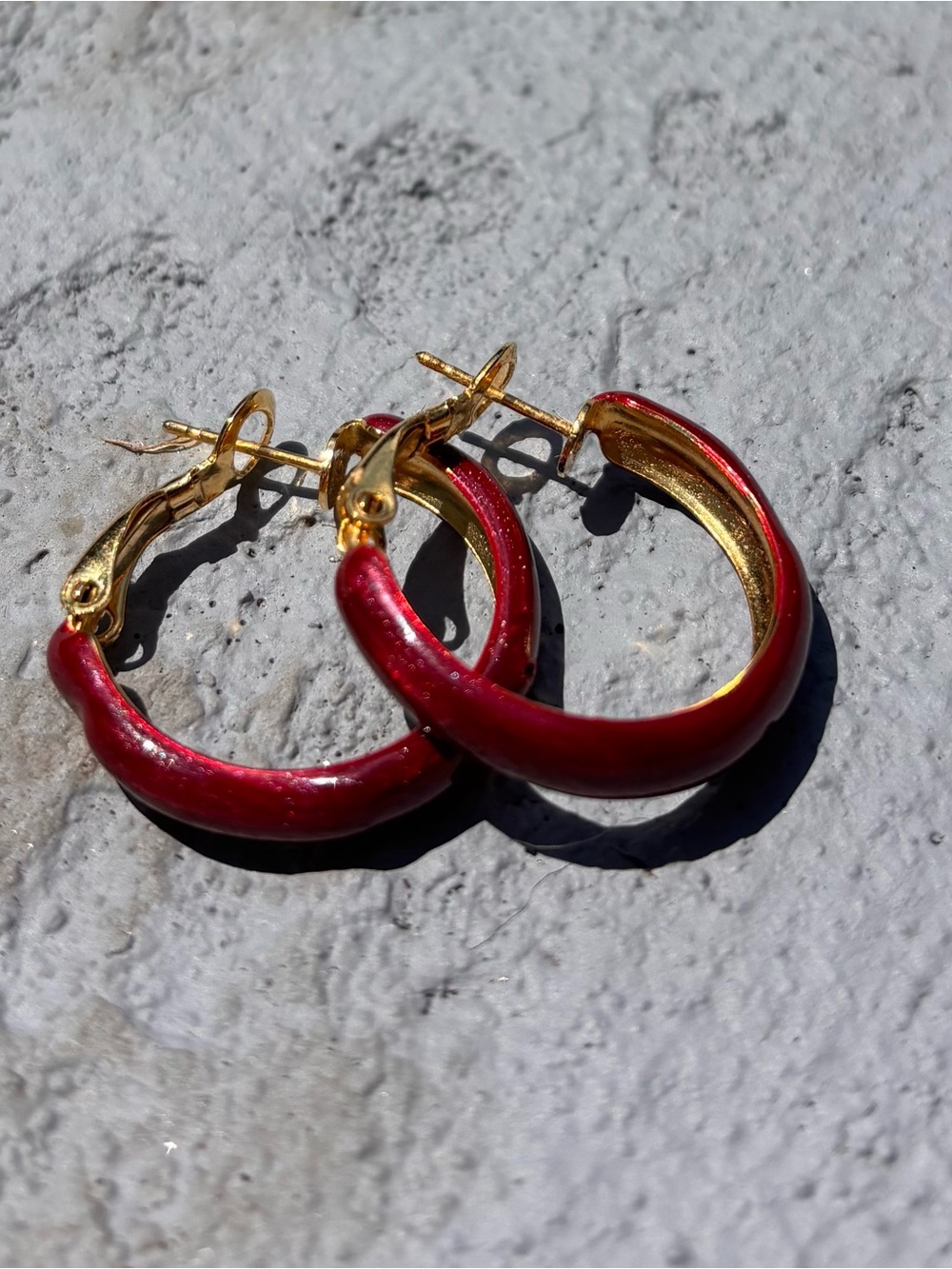 Gold-Tone Hoop Earrings with Deep Red Enamel